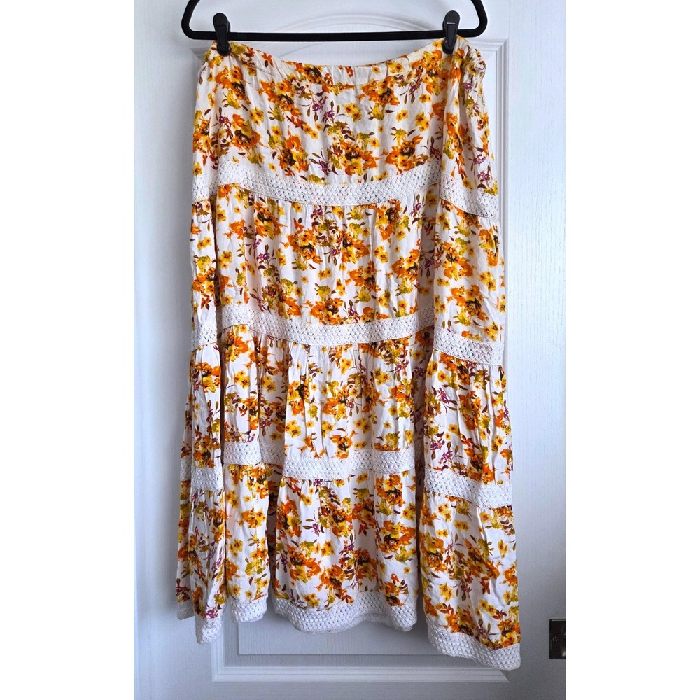 VTG Magic Floral Tiered Maxi Skirt Orange Yellow Boho Crochet Lace Trim Sz 1X